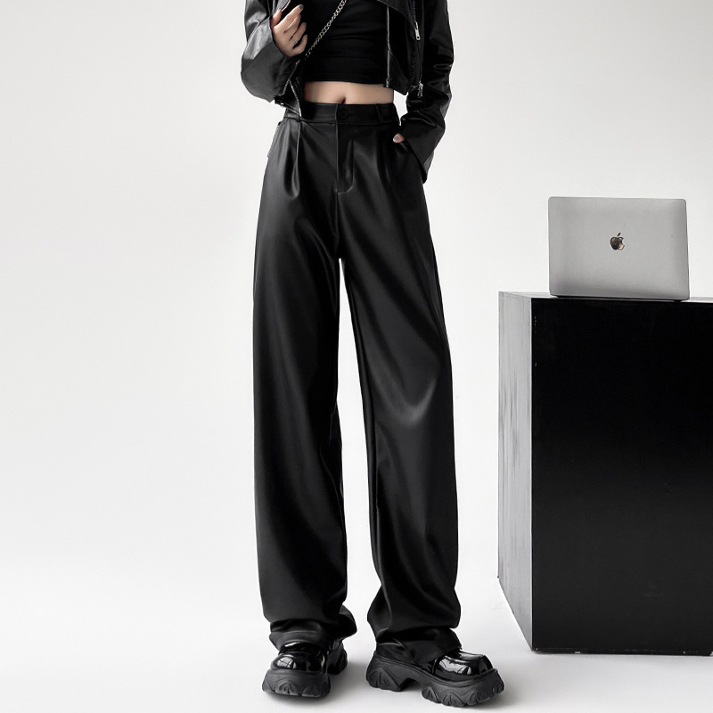American Retro Pu Leather Pants High-Waisted Suit Pants Loose Windproof Slim Straight-Leg Floor-Length Women's Pants with Drape Casual Trousers American Retro Pu Leather Pants High-Waisted Suit Pants Loose Windproof Slim Straight-Leg Floor-Length Women's Pants with Drape Casual Trousers