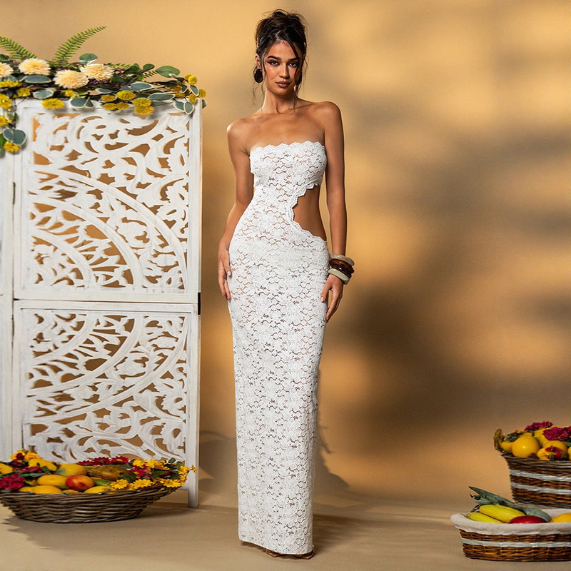 French Romantic Cross-Border New Women's Tube Top Lace Hollow Light Luxury Elegant See-Through Slim Long Dress for Women