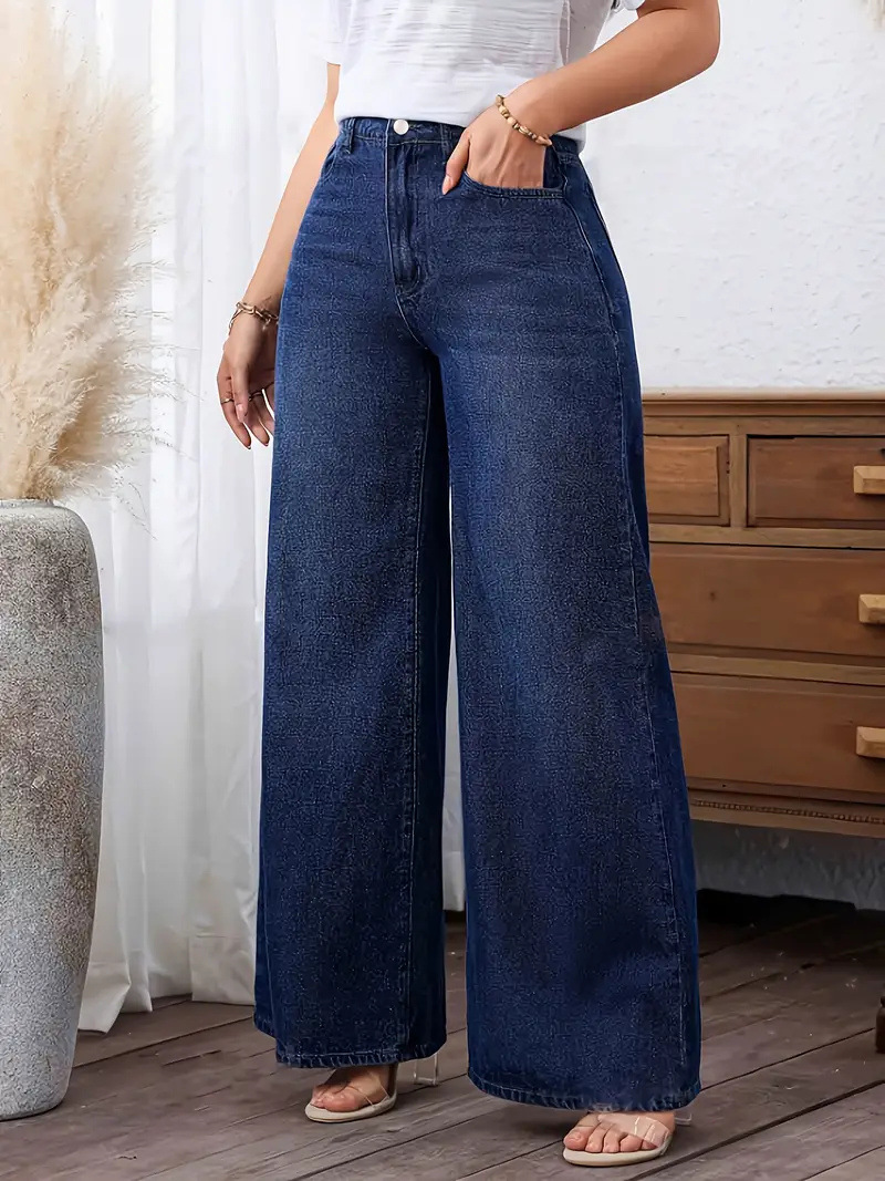​​Women's Classic Washed Denim Jeans - Straight Wide Leg Fit, Comfortable Stretch Fabric, Simple & Fashionable Everyday Pants​​_mkmklike.com