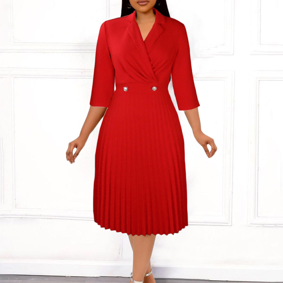 Elegant Womens Dress Solid Color Pleated Design Suit Collar Autumn Fashion for Business or Casual Events Wholesale