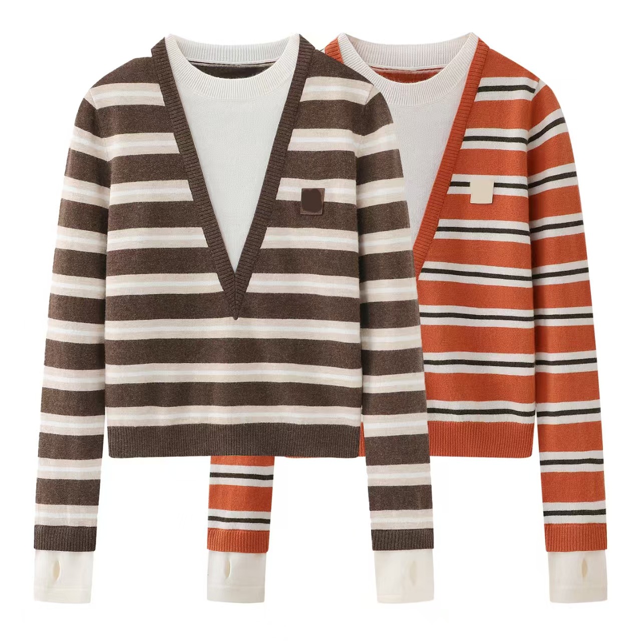 现货2025冬季新款气质休闲条纹V领百搭拼接假两件针织衫女3J4E411