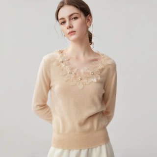 Lekasha cashmere 山羊绒女士十二针单股V领珍珠花边打底衫毛衣