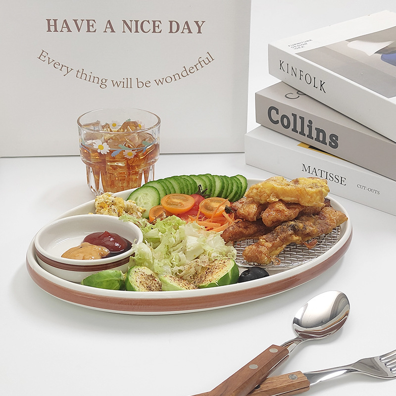 New Brown Fish Plate Set Knife and Fork Cup Saucer Fish Plate Picnic Set Tableware Special Restaurant Set High-end Dinner Plate