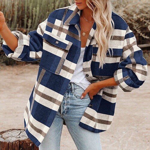  Amazon Autumn and Winter Women's Clothes Cross-border Europe and America Amazon Plaid Button Flannel Tweed Shirt Coat 
