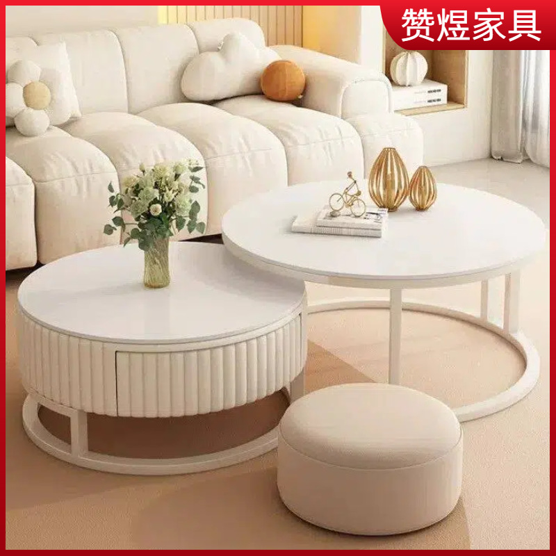 岩板奶油茶几客厅家用轻奢小户型现代简约圆形网红玻璃电视柜组合