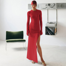 亚马逊跨境欧美风秋冬新款纯色长袖收腰扭结拼接修身开叉连衣裙女