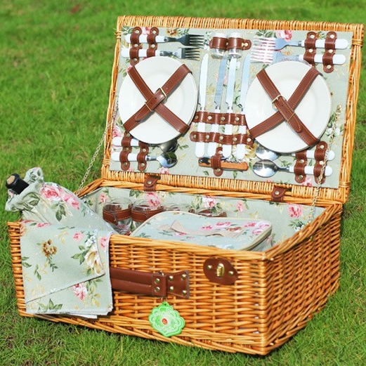 Punto de fábrica mimbre con cubierta con canasta de regalo salida de primavera red red ratán cesta de frutas con vajilla cesta de picnic