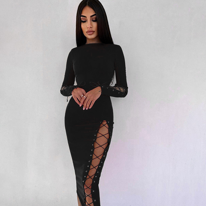 solid color High Slit Rope Long Sleeve Slim dress NSAFS139156