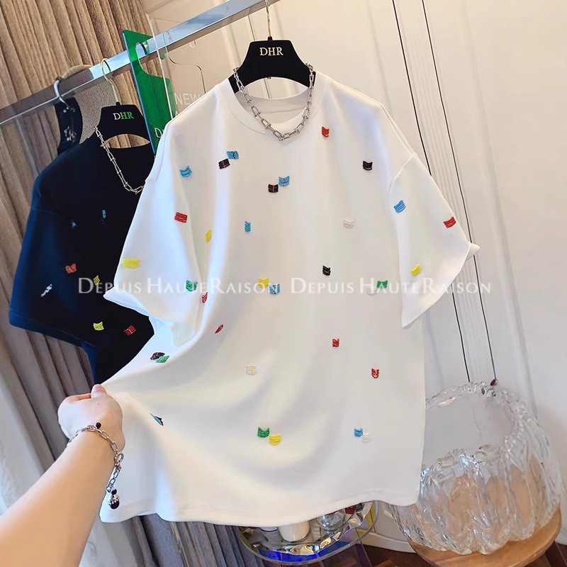 Dhr Unique Super Good-Looking Beautiful Embroidered Short-Sleeved T-Shirt Korean Style Loose Large Top for Women 2025 Spring and Summer New Style