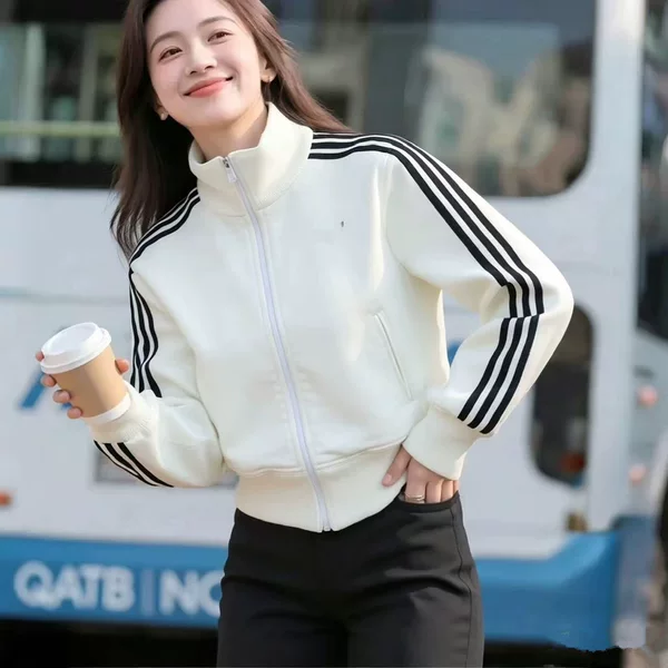Autumn and winter three-stripe embroidered logo solid color knitted washed cotton short jacket for women, slimming stand-up collar cardigan with long sleeves