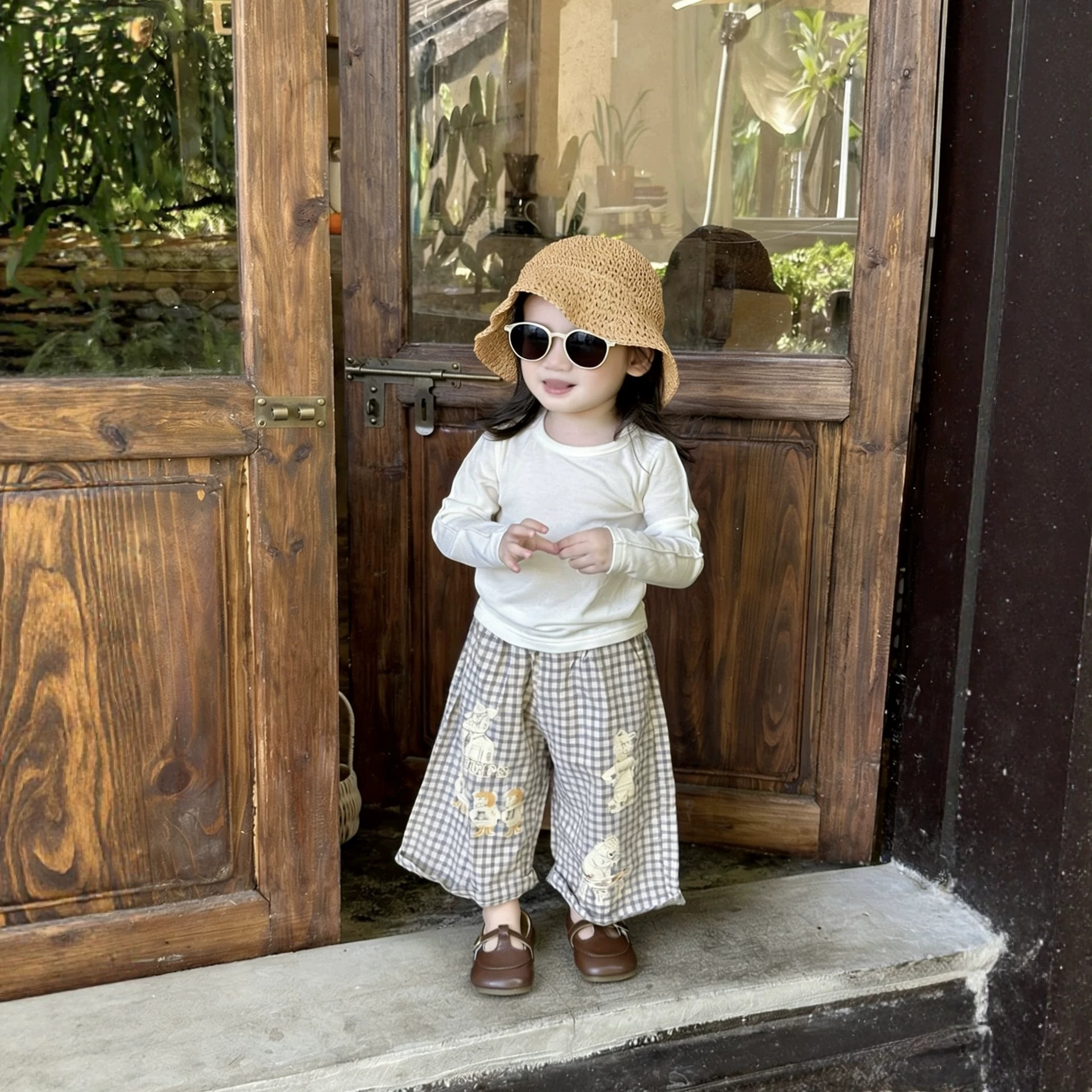 Infant and Toddler Set 2025 Autumn New Style Baby Girl Long-Sleeved T-Shirt Kidsren's Plaid Straight Casual Pants Two-Piece Set