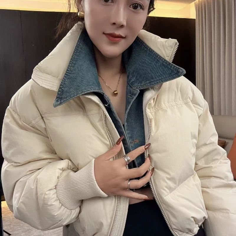 韩版脱卸牛仔领羽绒棉服女2024冬季新款小个子设计感潮流棉衣外套