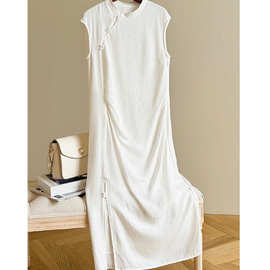 新中式改良桑蚕丝连衣裙2024新款夏季重磅气质盘扣白色旗袍时尚潮