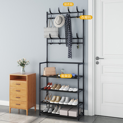 Floor-standing coat and hat rack with integrated shoe and hat storage, plus a versatile storage shelf—perfect for hanging bags and shoes in the living room or bedroom.