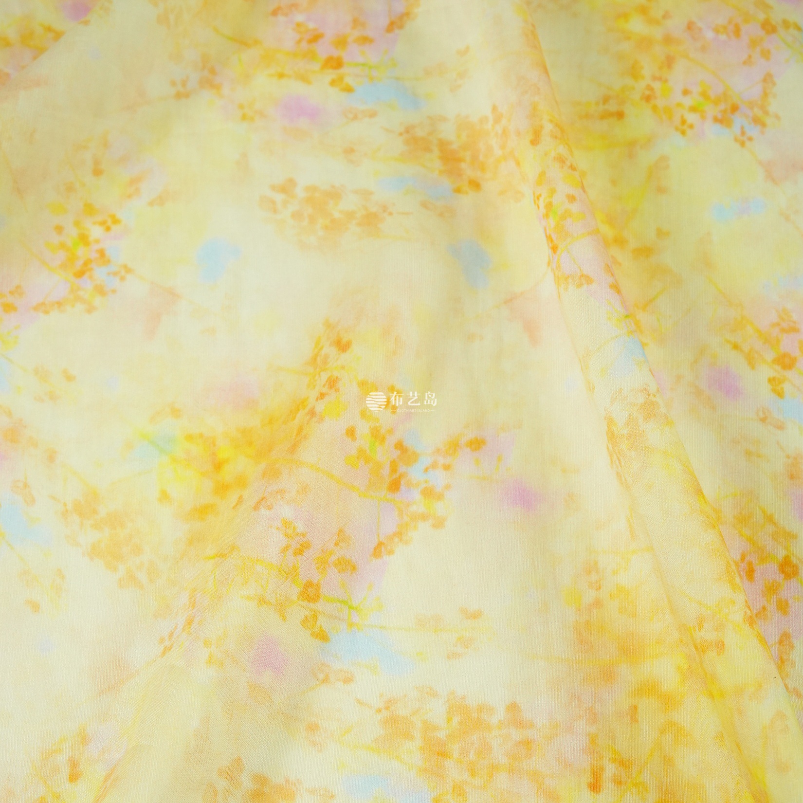 姜黄+鹅黄色和风团花晕染印花真丝苎麻丝麻布料汉服面料经典印花