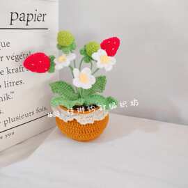 成品跨境手工毛线钩织仿真草莓盆栽桌面装饰编织桌面摆件礼物创意