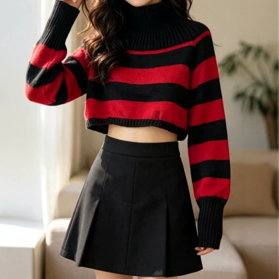 Red and black striped high-neck cropped sweater, navel-revealing striped pullover knit top, loose and casual style for trendy women