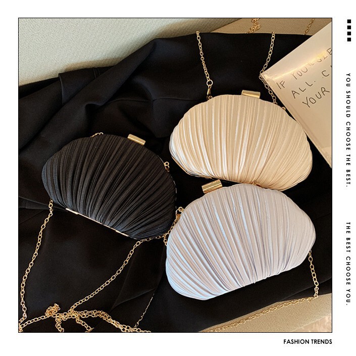 Cross-Border 2026 New Shell-Shaped Evening Clutch, Pleated Handbag, Versatile Dress Evening Bag, Fashionable Cheongsam Banquet Bag