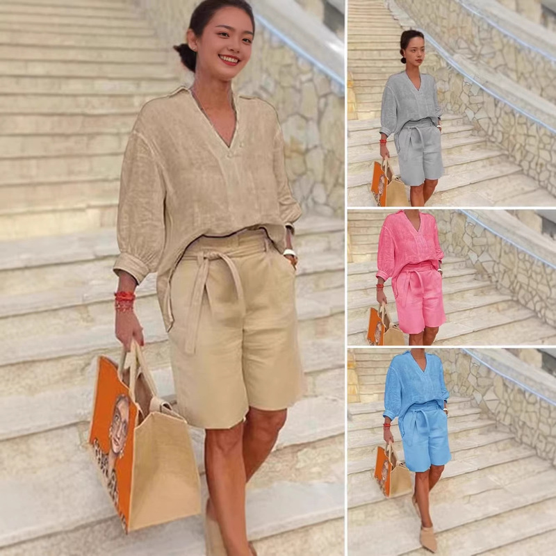 Cross-Border Independent Website Hot-Selling Item 2026 Summer European and American Style Cotton and Linen Set Women's Loose Casual Two-Piece Set