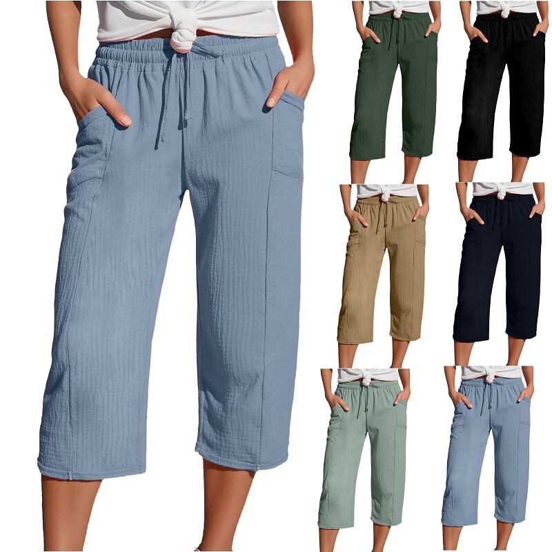 2025 Amazon wish Cross-border Spring and Autumn European and American Solid Color Cotton and Linen Loose Drawstring Wide Leg Casual Cropped Pants for Women