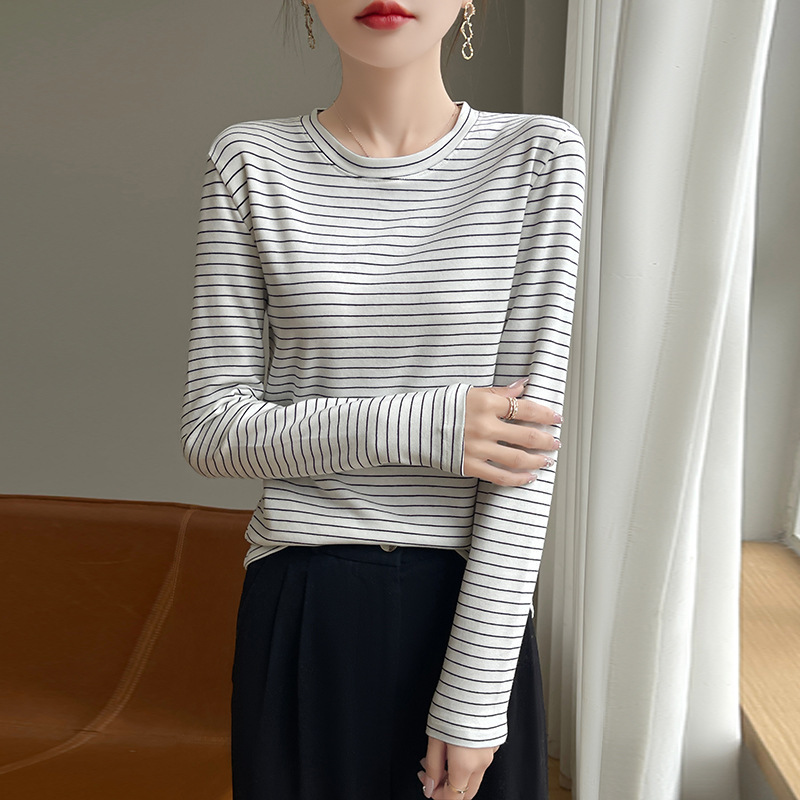 Autumn New Color-Blocked Stripesd Self-Heating Round Neck Long-Sleeved Knitted Bottoming Shirt Tops for Women, Versatile Slim Fit Inner Wear