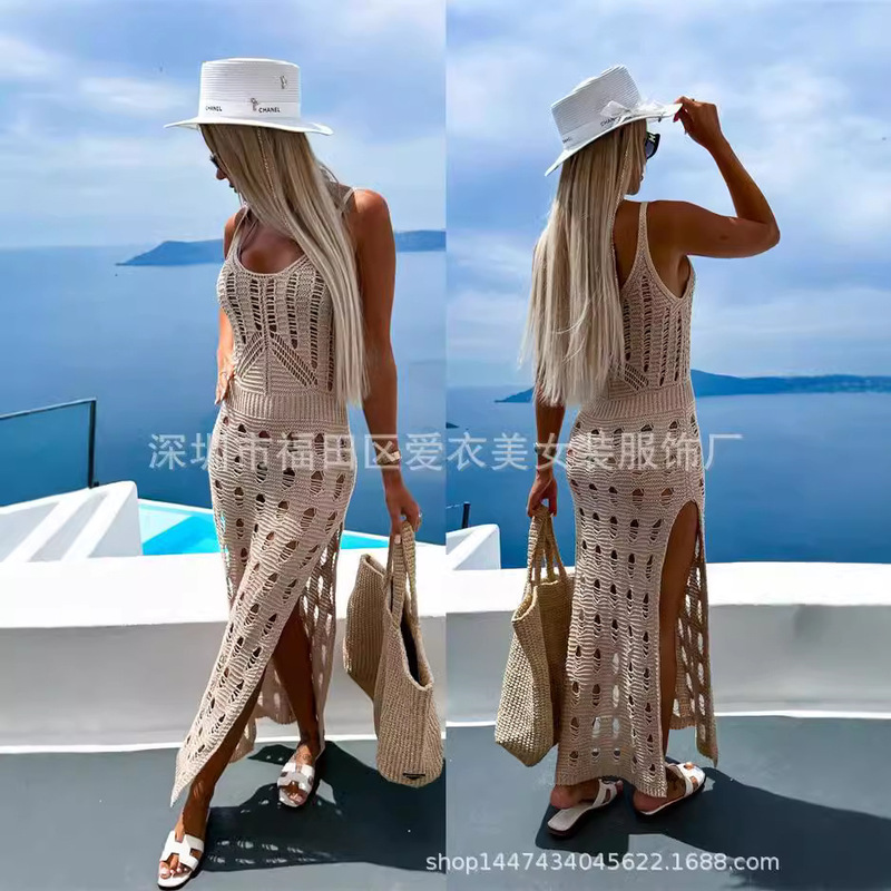 2025 Cross-Border European and American Autumn and Winter New Knitted Cut Out Pure Color Slim Sexy V Neck Slit Dress for Women 2025 Cross-Border European and American Autumn and Winter New Knitted Cut Out Pure Color Slim Sexy V Neck Slit Dress for Women