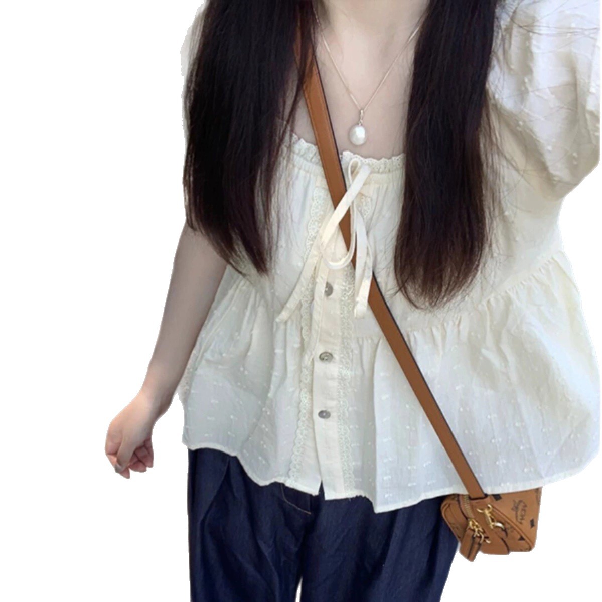French Sweet Style Lace-Trimmed Short-Sleeved Shirt for Women, Unique and Chic Summer Puff-Sleeved Babydoll Shirt with Square Collar