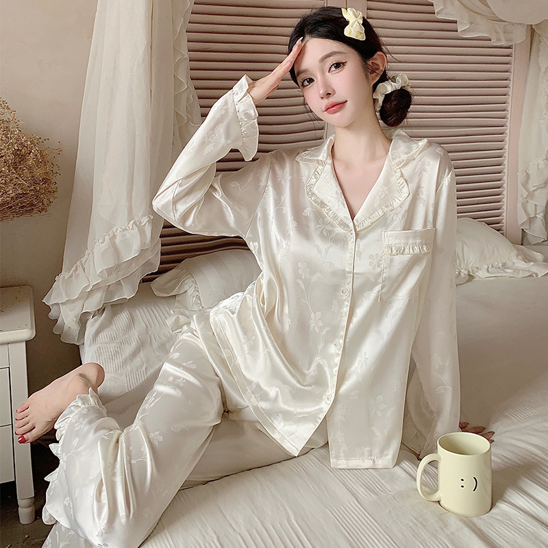 Spring and Autumn 2024 New Ice Silk Jacquard Pajamas Women's Long Sleeve Trousers Luxury Noble Cardigan Thin Home Clothes