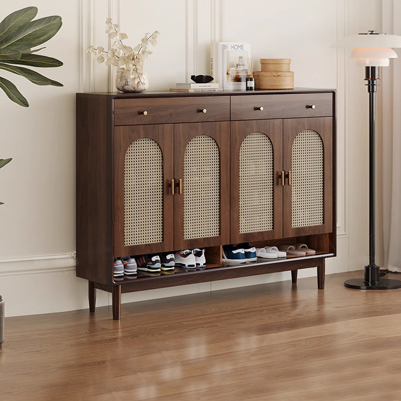 藤编鞋柜实木框家用门口楼道外入户玄关柜复古收纳储物柜大容量