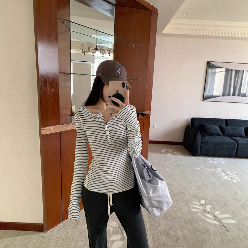 韩系辣妹风粉色半开领长袖t恤女装秋季小众修身内搭正肩打底上衣|undefined