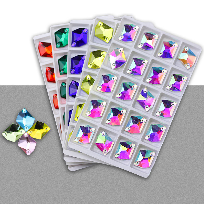 Factory direct flat bottom shaped double hole hand sewing buckle polygonal glass rhinestone dress wedding dress accessories