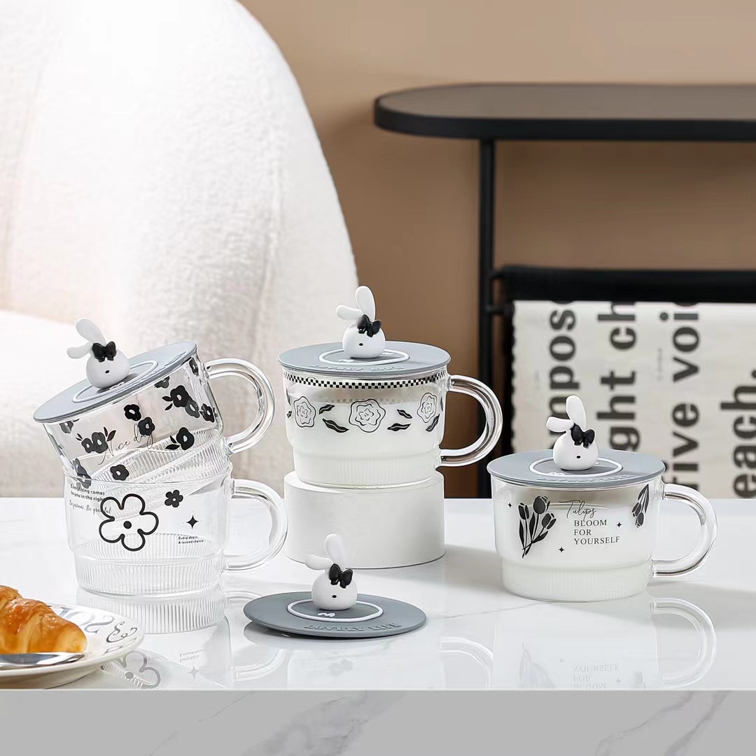 Creativo de cristal gris flor conejo taza personalizada de gran capacidad de la taza de leche del desayuno