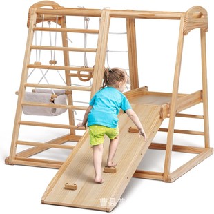 Wooden Kidsren's Indoor Gym 8-in-1 Indoor Playground Wooden Montessori Toy Slide Swing Climbing