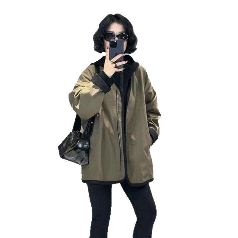 欧货撞色两面穿V领风衣女士秋季新款宽松显瘦百搭棒球中长款外套|undefined