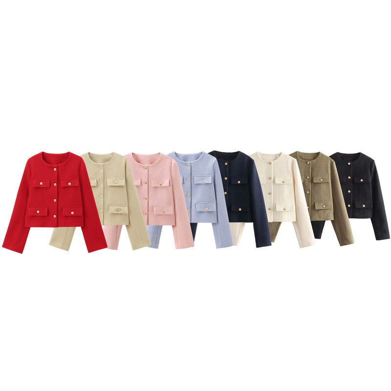 Amazon wholesale spring new women's solid color round neck button decoration short fashion all-match suit jacket
