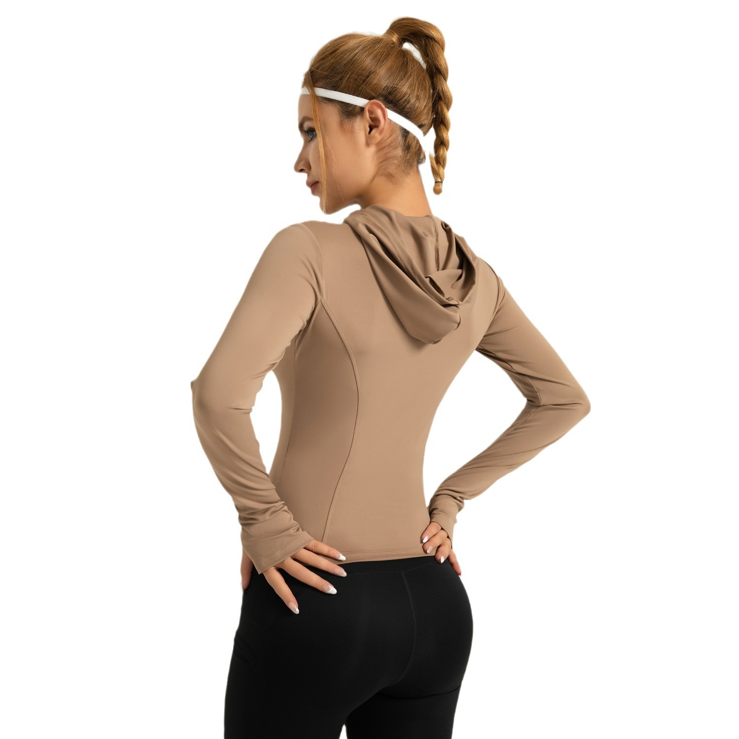 Chaqueta de yoga delgada con capucha en la zona transfronteriza, chaqueta deportiva a prueba de viento de color sólido para correr y montar