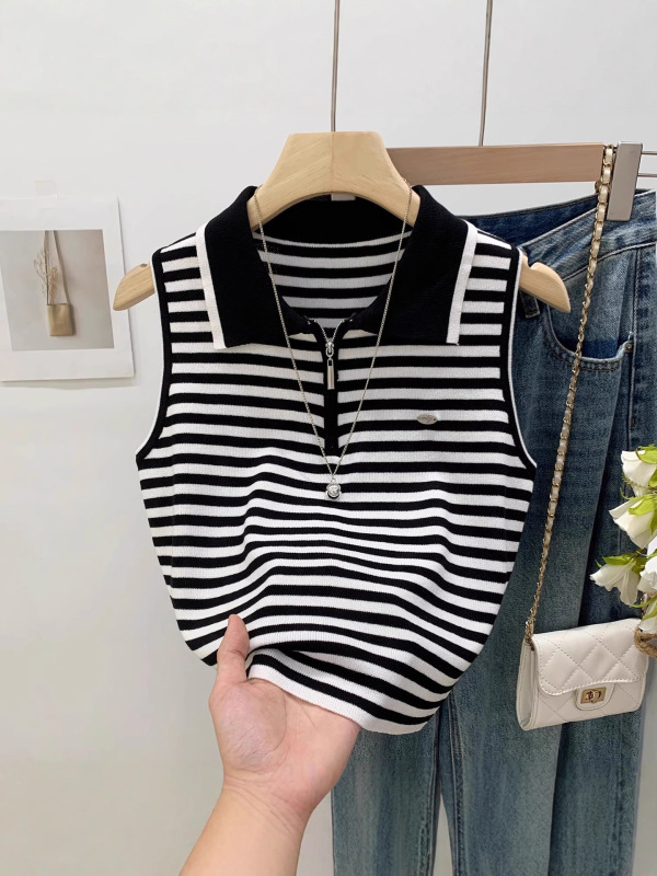 品牌外贸～剪标专柜法式条纹外穿短款针织背心女修身显瘦无袖上衣|undefined
