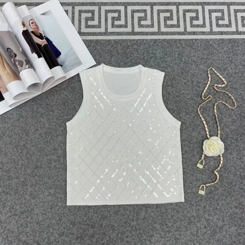 European Station 2023 Summer New Sleeveless Sequin Knit Sexy Socialite Elegant Western Style All-match Straight T-shirt