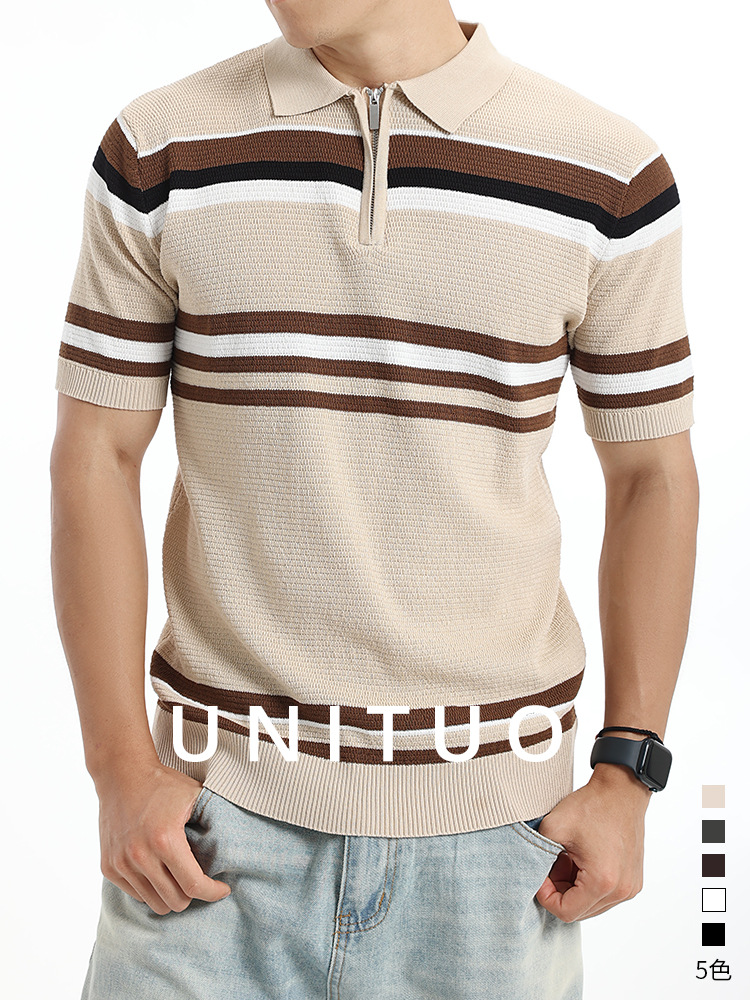 Europa y Estados Unidos polo transfronterizo ligero comercial casual a rayas con solapa papá verano camisa de punto de manga corta polo hombre