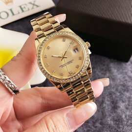 直播热销全金满钻女表合金带日历防水腕表女士品质配饰表厂家直供