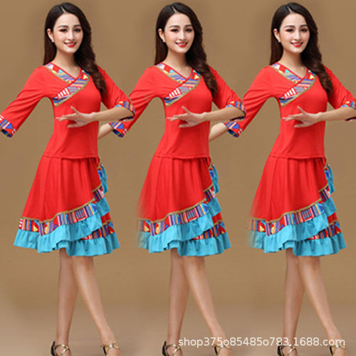 Square dance costume suit female Tibetan dance new mid-sleeve dance skirt ethnic style performance dance costume spring and summer