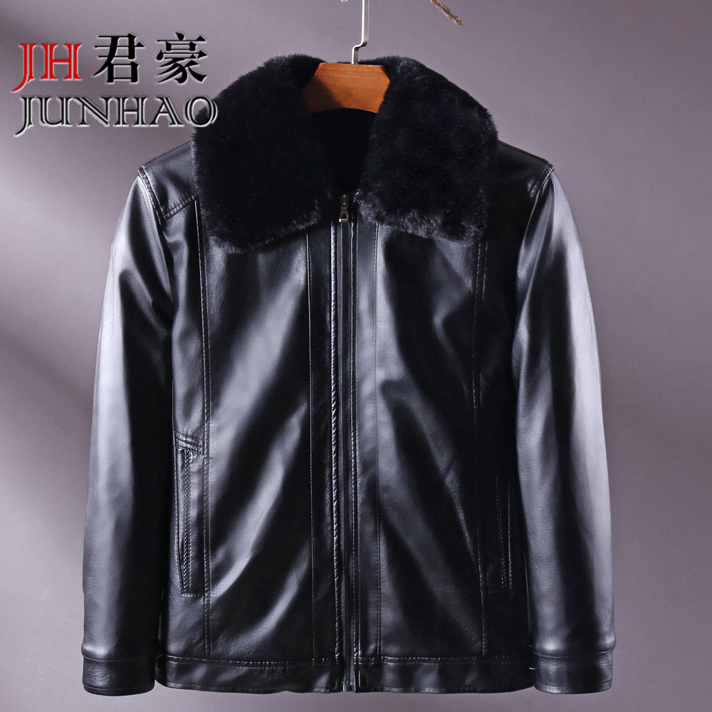 厂家冬季新款直供中老年皮衣加绒加厚大毛领男士休闲PU皮衣男外套|ms