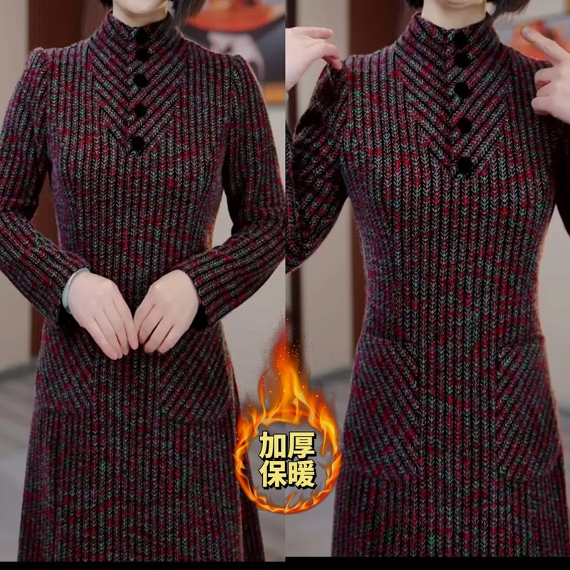ファッション2024年夏のお姉さん風私服名媛女装長袖半高襟a字スカートワンピース|undefined