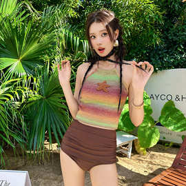 韩国东大门新款泳衣女2025分体三角高腰复古绑带挂脖彩色温泉泳装
