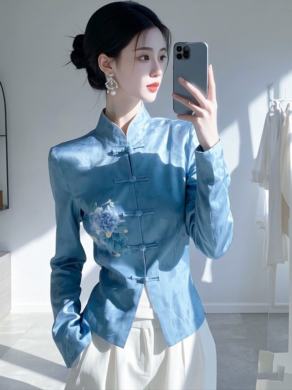 新中式国风女装蓝色立领衬衫女早秋季气质小衫独特漂唐装盘扣上衣|undefined