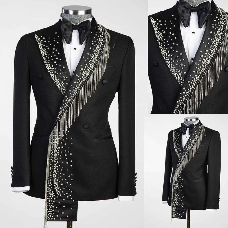 2025 Groom Men's Luxury Rhinestone Wedding Tuxedo Single Piece Prom Tassel Double Breasted Jacket Unique Design