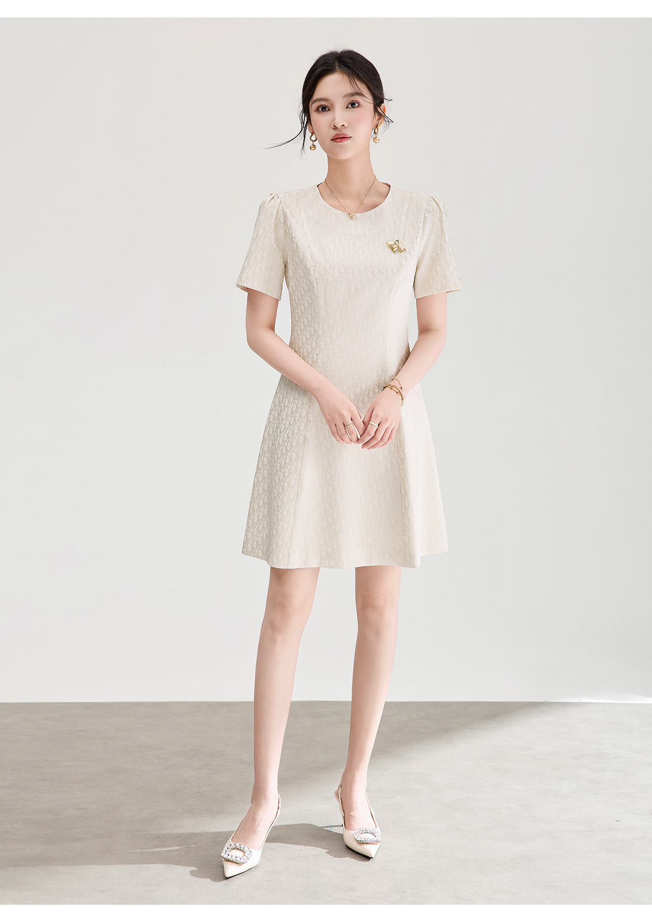Đầm ngắn tay thắt eo jacquard kiểu dáng thanh lịch mùa hè — màu hồng chi tiết 19