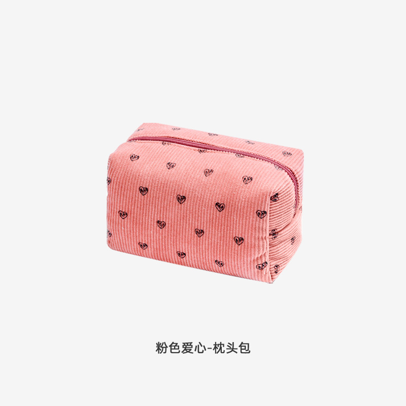 新しいコーデュロイ桃心化粧バッグ大容量高级感ポータブル化粧品収纳バケツバッグ