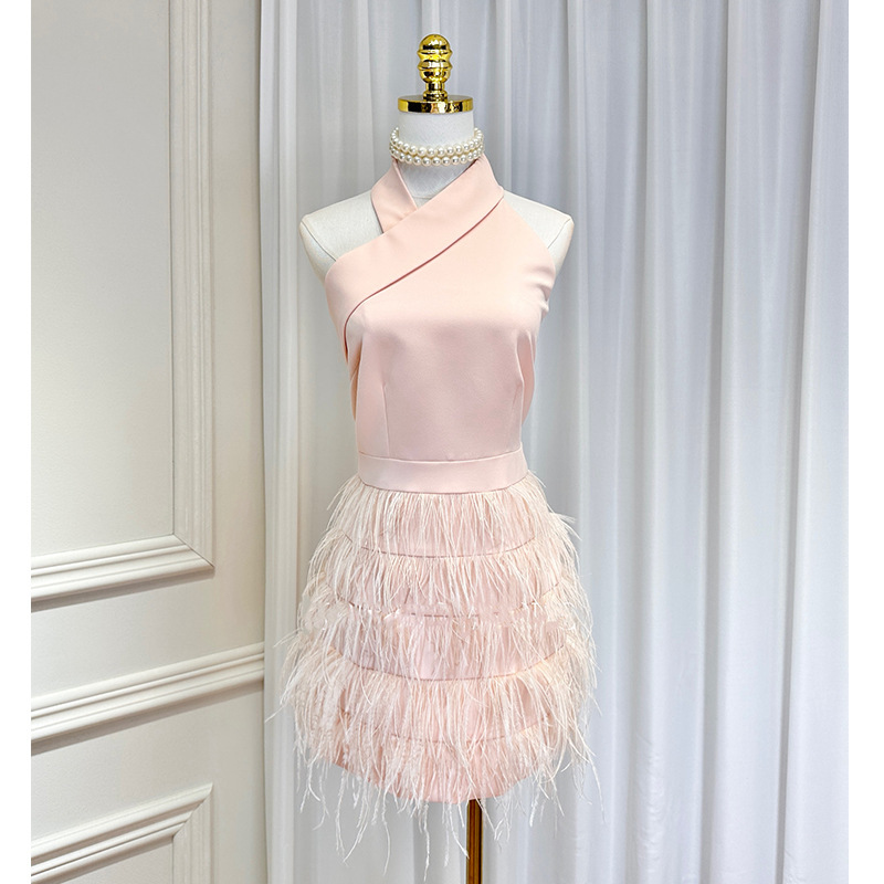 New Design Irregular Inclined Shoulder Open-Shoulder Neck Strapless Waist Stitching Cake Ostrich Feather Dress
