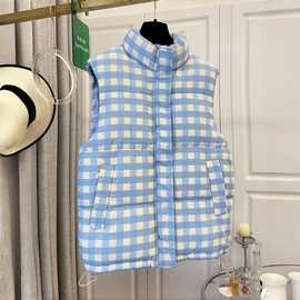 2025秋冬款加厚棉衣外套男女设计感小众外穿蓝色格子马甲背心上衣
